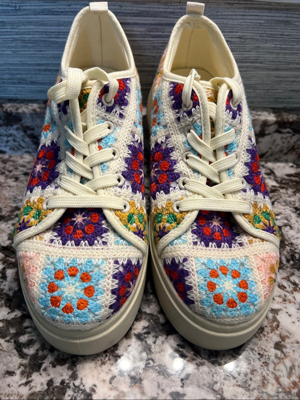 Dirty Laundry Cream Crochet Floral Sneakers with Purple, Blue & Orange